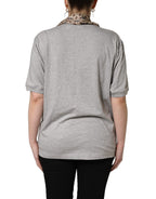 Dolce & Gabbana Gray Cotton V-neck Owl Silk Scarf Top T-shirt