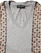 Dolce & Gabbana Gray Cotton V-neck Owl Silk Scarf Top T-shirt