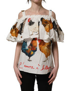 Dolce & Gabbana White Rooster Print Poplin Off The Shoulder Top