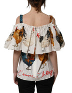 Dolce & Gabbana White Rooster Print Poplin Off The Shoulder Top