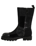 Dolce & Gabbana Black Patchwork Leather Mid Calf Boots Shoes