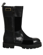 Dolce & Gabbana Black Patchwork Leather Mid Calf Boots Shoes