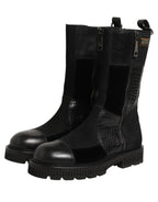 Dolce & Gabbana Black Patchwork Leather Mid Calf Boots Shoes