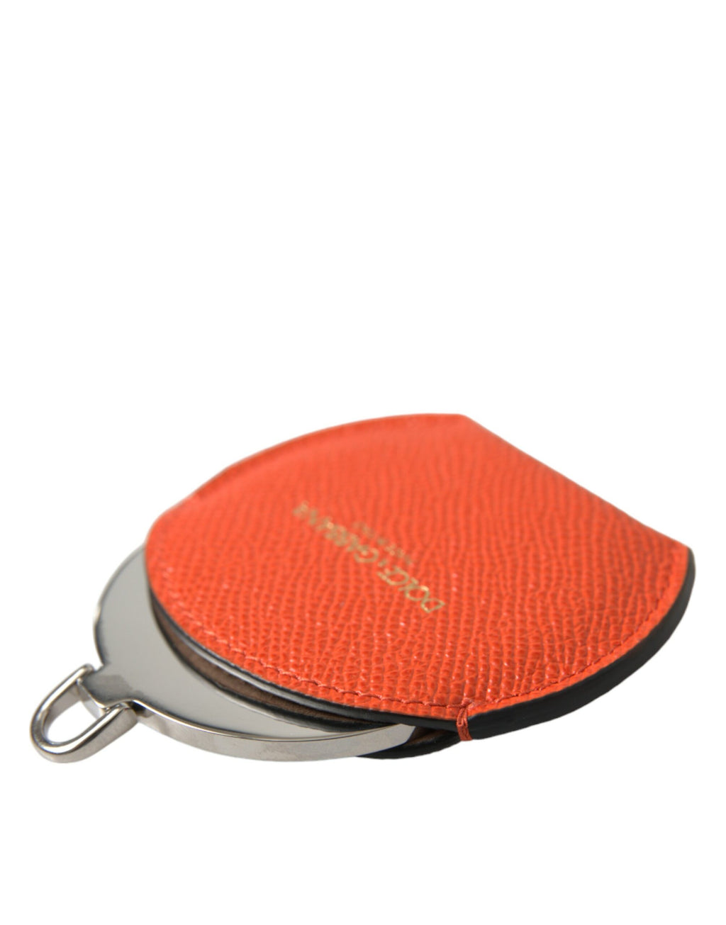 Dolce & Gabbana Orange Calfskin Leather Round Logo Hand Mirror Holder