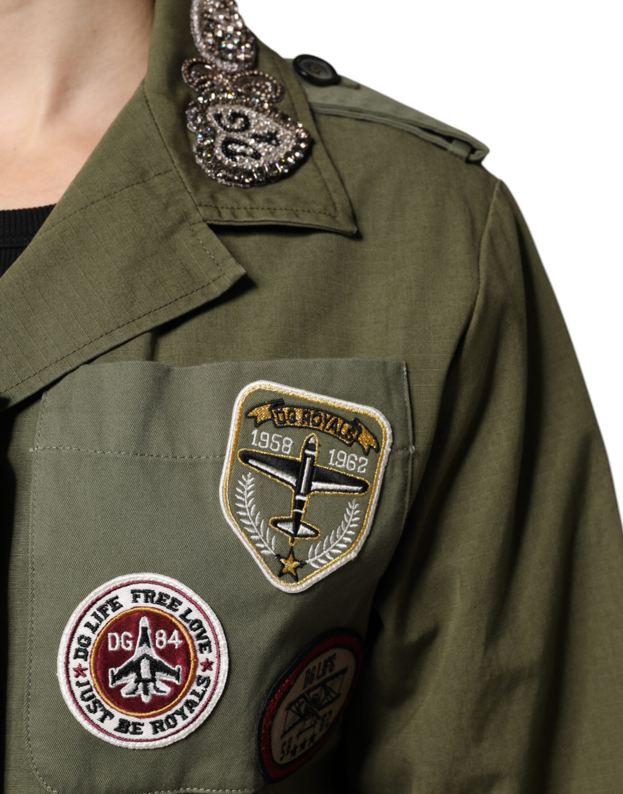 Dolce & Gabbana Military Green Queen Embellished Coat Jacket